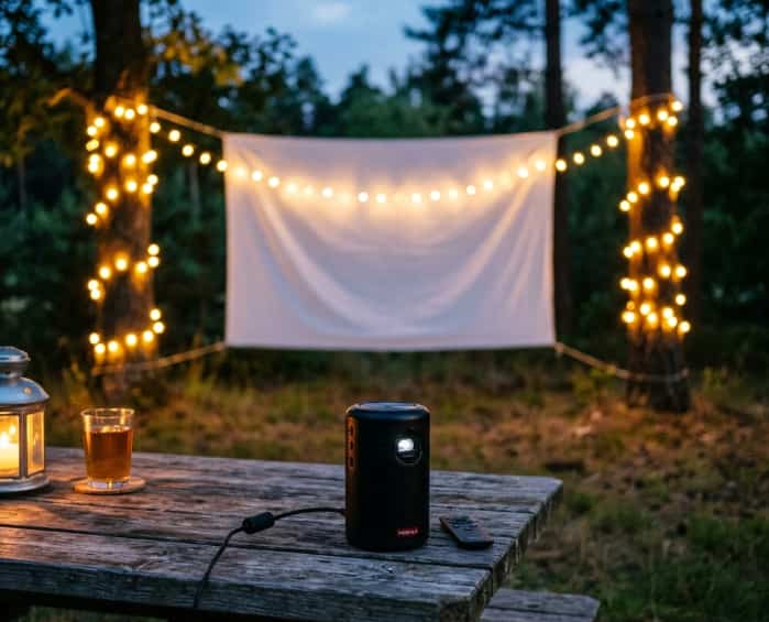 Portable projector on a wooden table prepared for an outdoor movie night with a blank screen and string lights in the background
