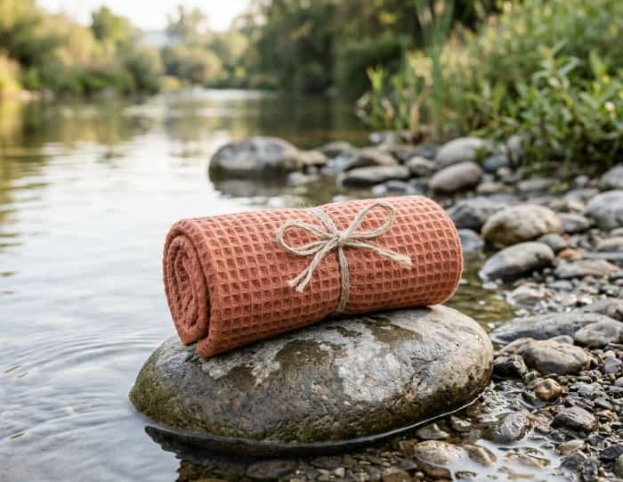 A rolled terracotta-colored waffle weave towel tied with a twine bow, resting on a smooth wet stone at the edge of a calm river