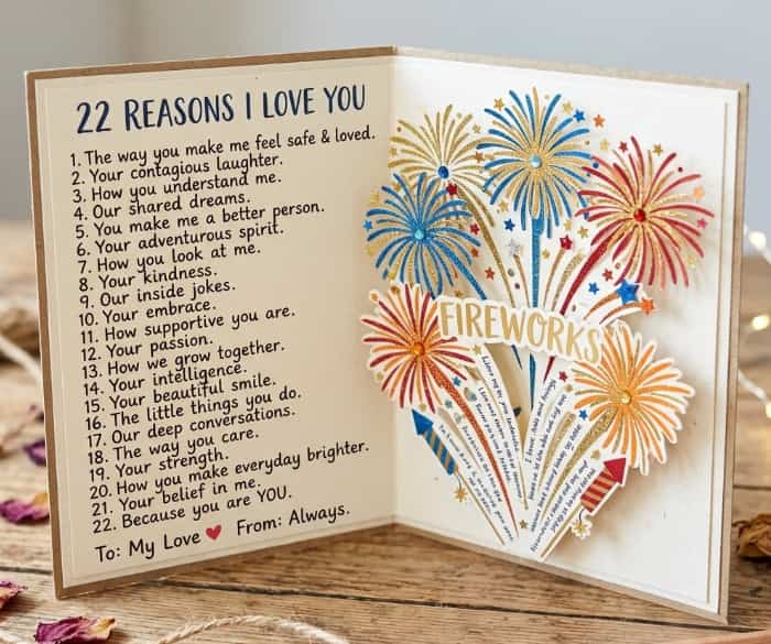 Handcrafted 3D firework pop-up card featuring a handwritten love note on a rustic wooden table