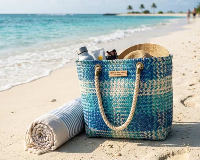 Eco friendly woven beach tote bag made from recycled ocean plastic on sandy beach with towel