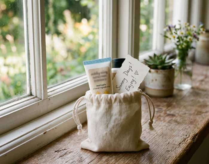 Two reef-safe sunscreen tubes in a cotton pouch with a handwritten note on a wooden windowsill in morning light