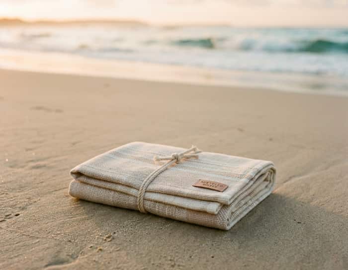 A folded terracotta-colored outdoor blanket resting on dry beach sand