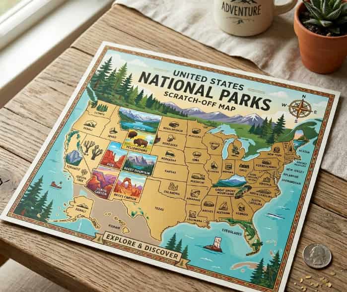 A vintage illustrated US national parks scratch-off map displayed on a rustic wooden table