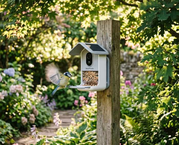 A modern smart bird feeder on a wooden post with a bird in motion in a sunny garden