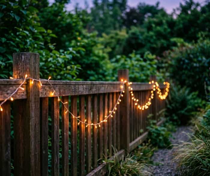 Warm solar string lights draped along a wooden garden fence at dusk with a blurry green foliage background