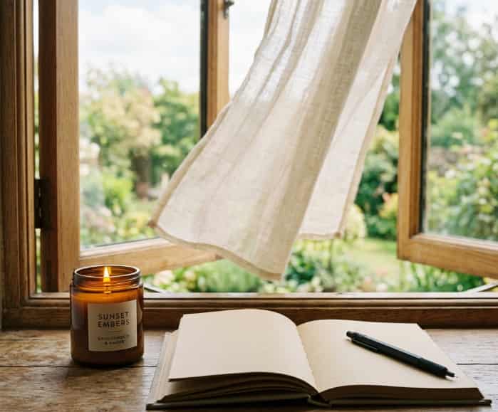 A burning amber jar candle and an open notebook resting on a wooden windowsill