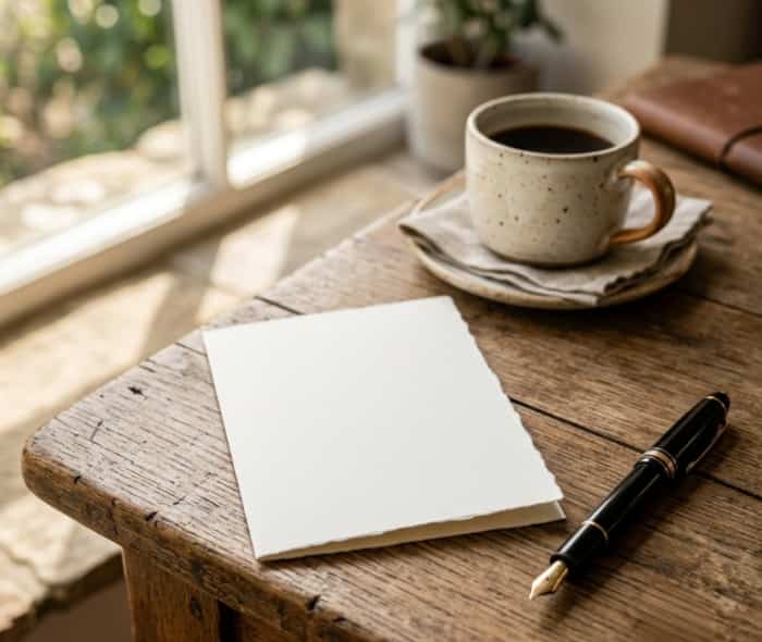 Minimalist editorial blank heartfelt greeting card on rustic wooden desk