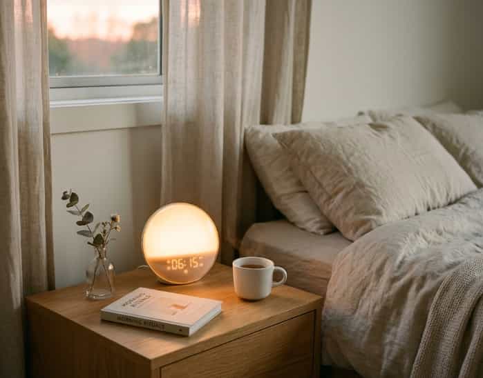 Sunrise alarm clock glowing warm gold on a simple bedside table