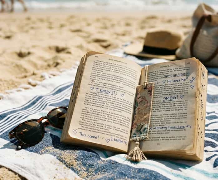 Open romance novel with handwritten marginalia and hearts on beach towel with sunglasses