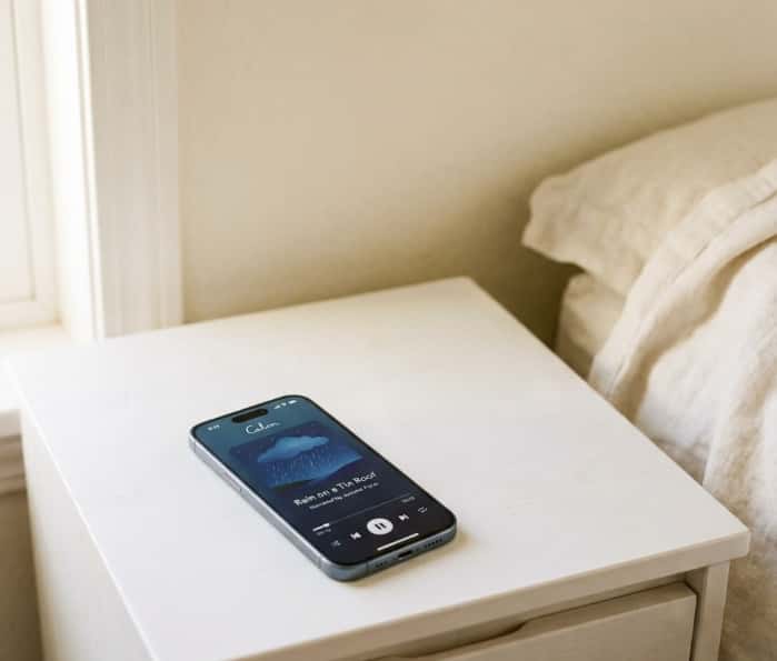 iPhone showing Calm mindfulness app resting on nightstand