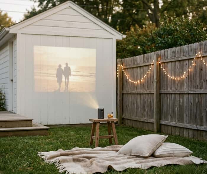 Mini portable projector outdoor setup with blanket and fairy lights in backyard