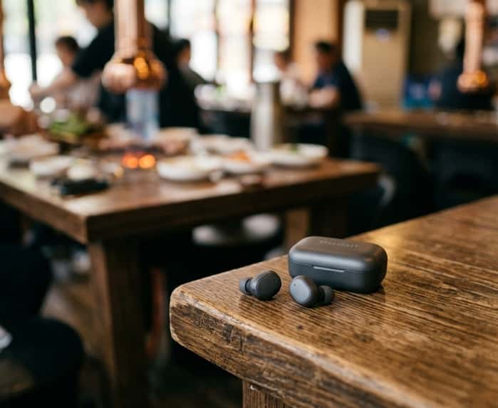 Compact real-time translation earbuds in charging case at a Korean BBQ restaurant