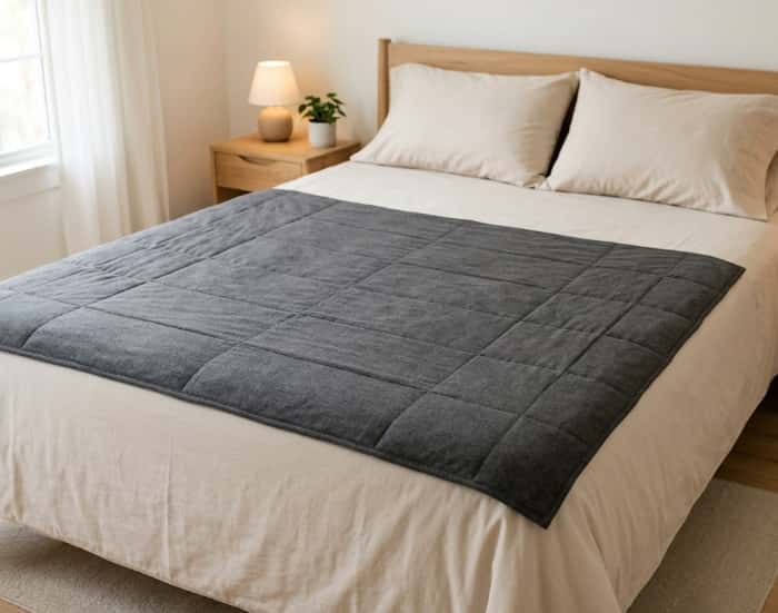 Charcoal gray cooling weighted blanket folded neatly on bedroom bed