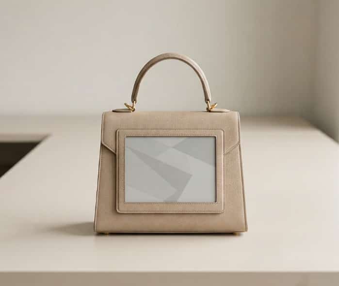 Color-shifting E-Ink smart handbag with neutral pattern on beige office desk