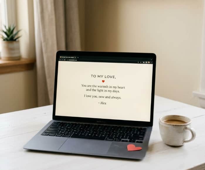 Laptop displaying custom digital love letter vault next to coffee mug on white desk