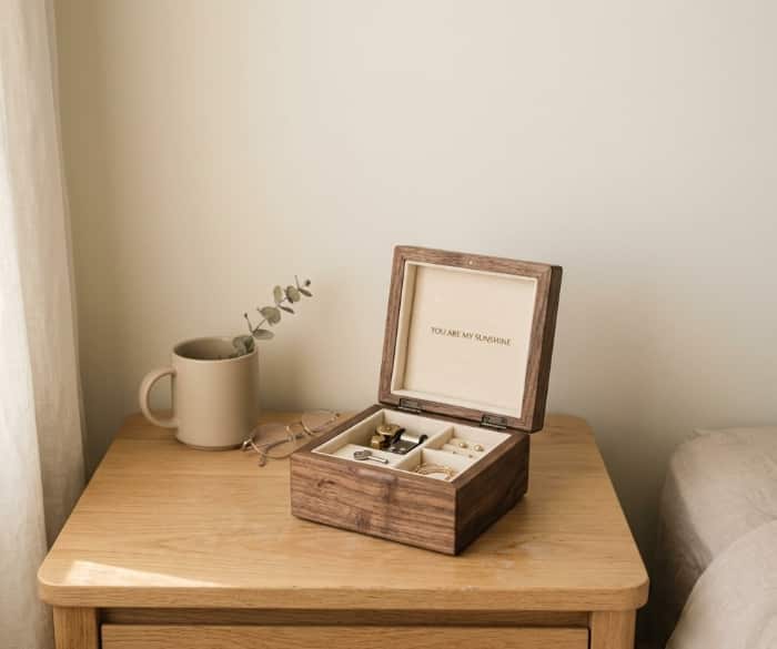 Hand-crank wooden music box open on nightstand playing a custom melody