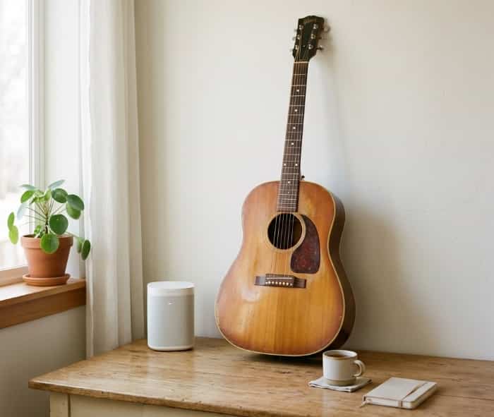 Acoustic guitar and notebook on wooden desk for custom personalized song