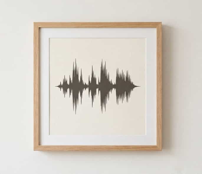 Custom framed soundwave art print hanging on off-white wall as a sentimental girlfriend gift