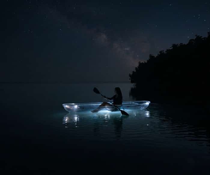 Woman paddling in glowing transparent LED kayak at night