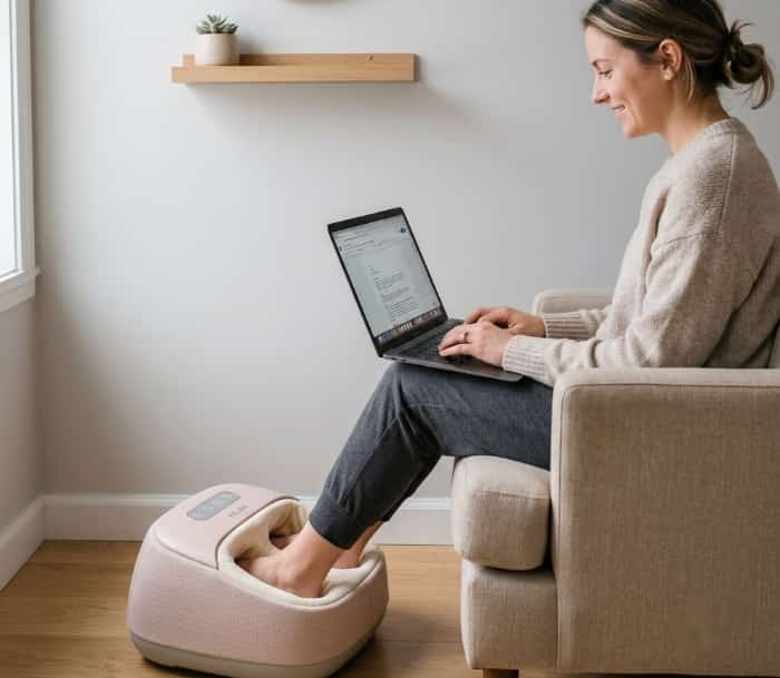 Woman using heated shiatsu foot massager while working on laptop at home