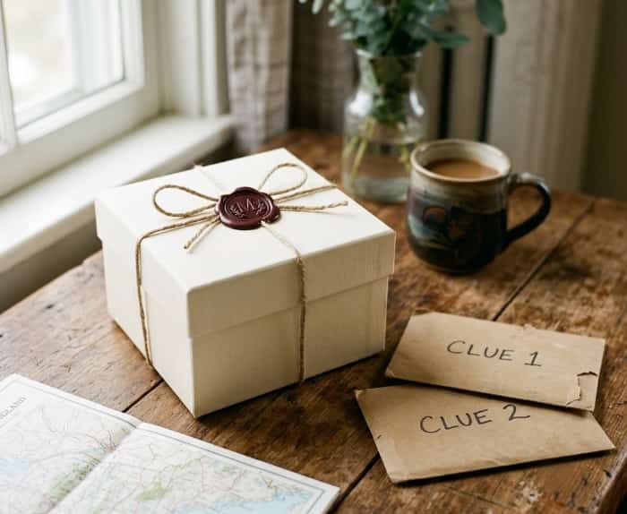 Mystery weekend trip getaway box with sealed clue envelopes and regional map