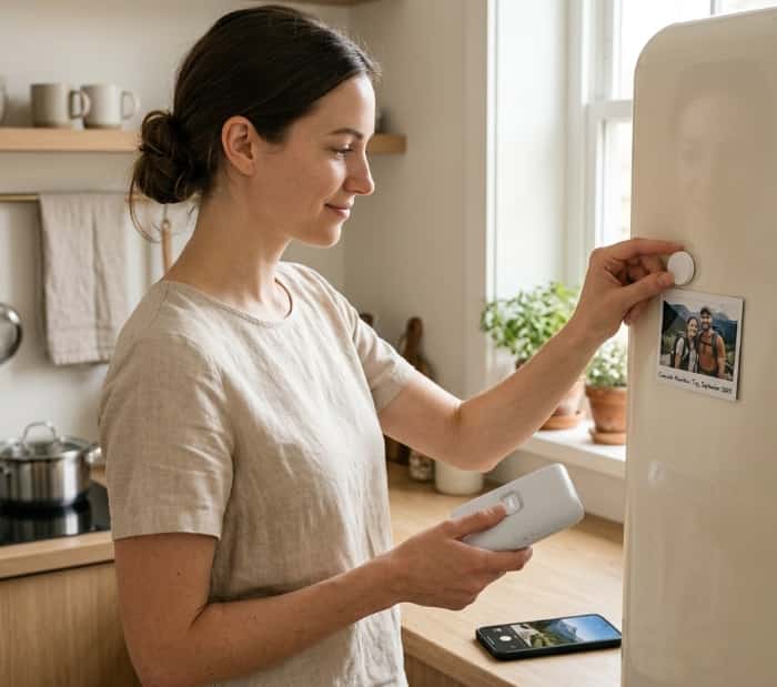 Young woman holding portable AR photo printer and sticking photo onto refrigerator