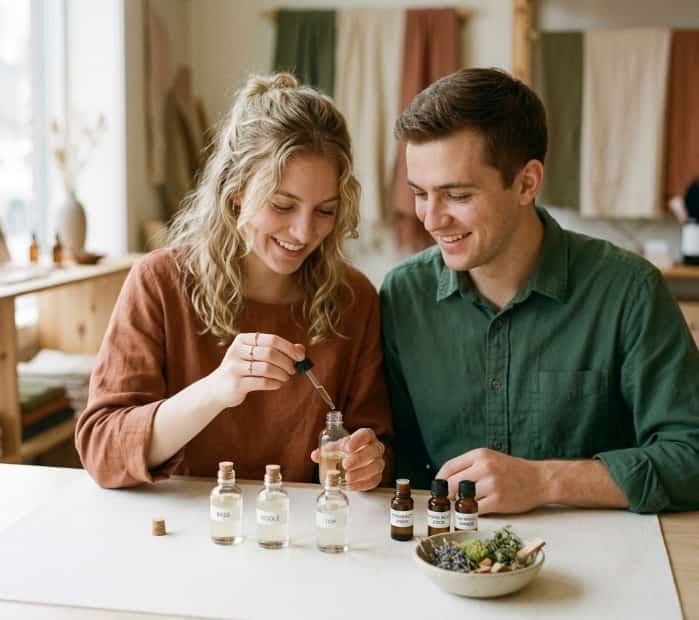 Couple mixing essential oils during DIY custom perfume blending workshop