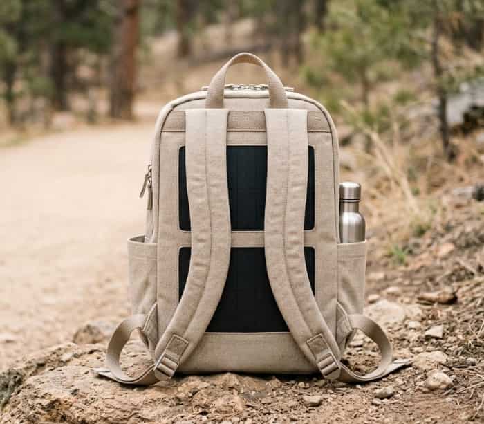 Eco-friendly solar powered backpack resting on forest hiking trail
