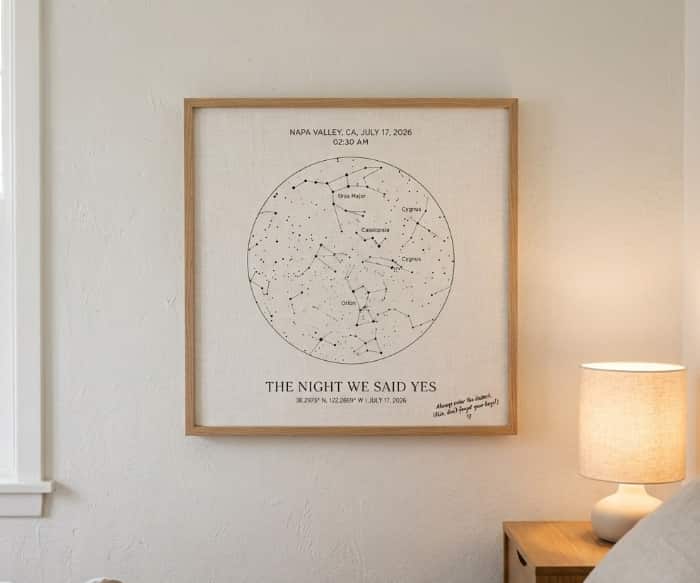 Framed custom star map print hanging on bedroom wall next to glowing bedside lamp