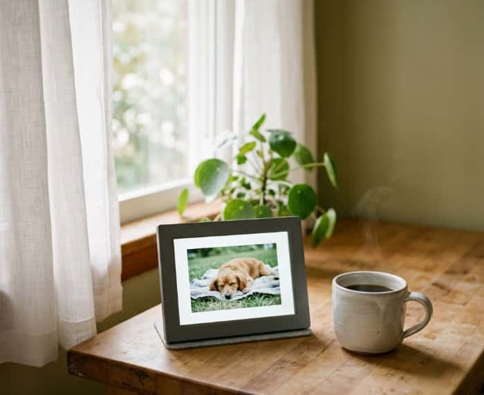 Subscription-free digital photo frame displaying dog picture on cozy wooden table