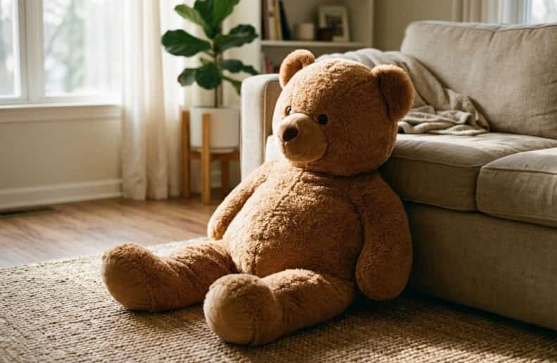 Large plush teddy bear sitting beside sofa in bright living room