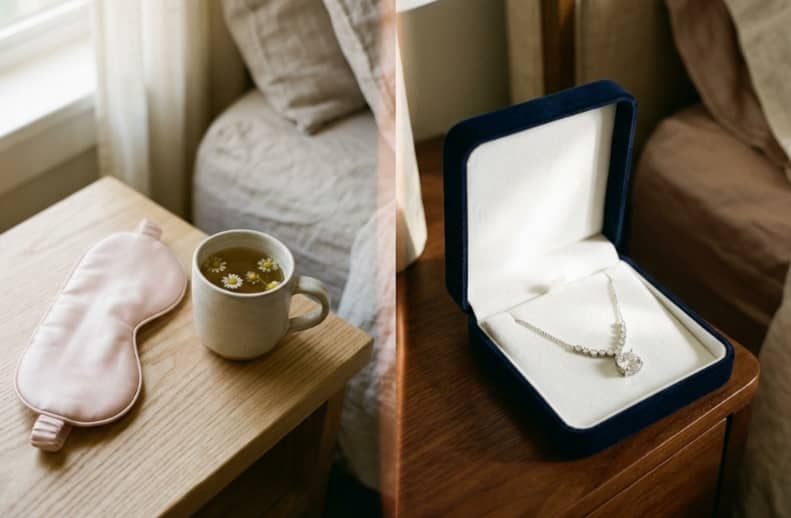 Side-by-side comparison: silk eye mask with chamomile tea vs. diamond necklace in a gift box