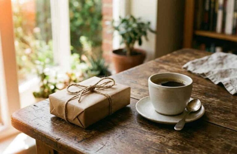 Gift box and coffee cup on rustic wooden table near window