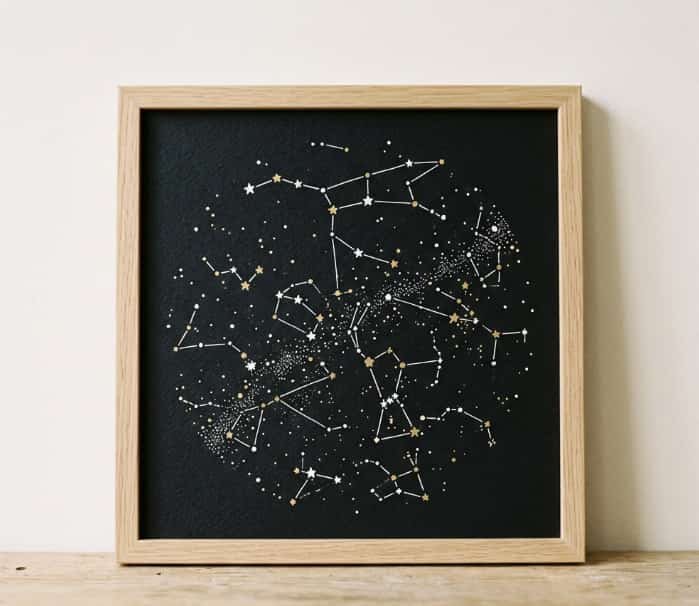 Framed star chart print with fine metallic constellation lines on dark paper