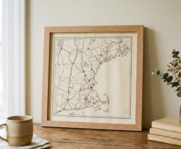 Framed vintage style map marked with tiny red hearts at meaningful date locations