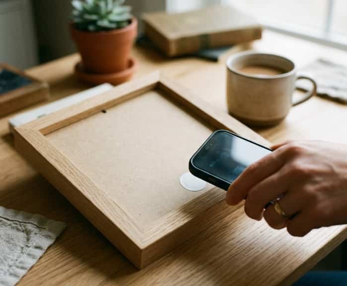 Smartphone tapping a subtle NFC tag on the back of a wooden picture frame