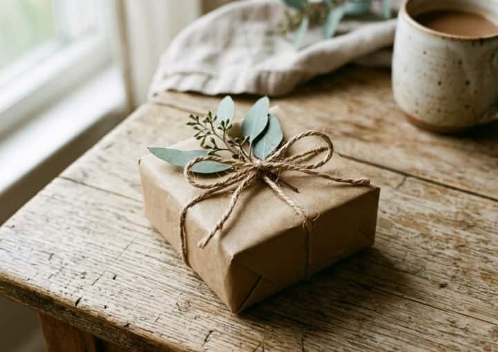 Wrapped kraft paper gift with twine and eucalyptus on wood table