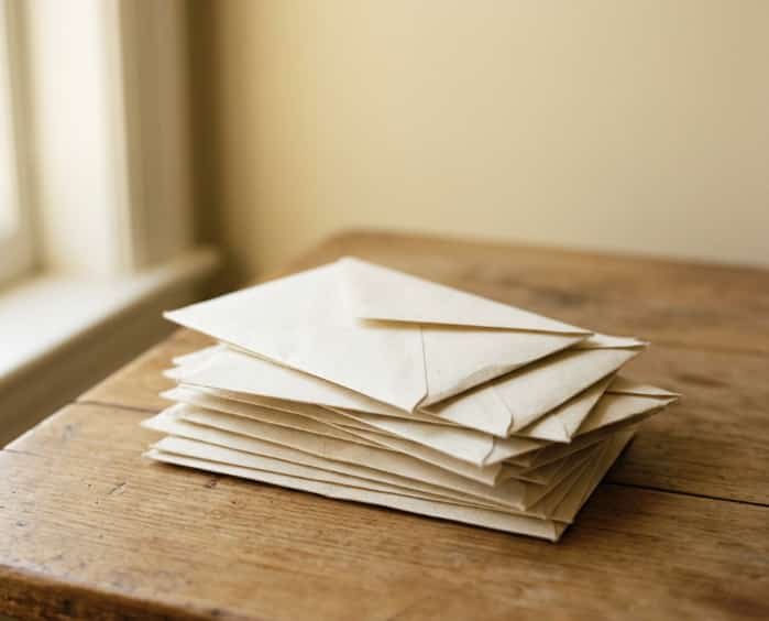 Stack of plain envelopes resting on a worn wooden table by a window
