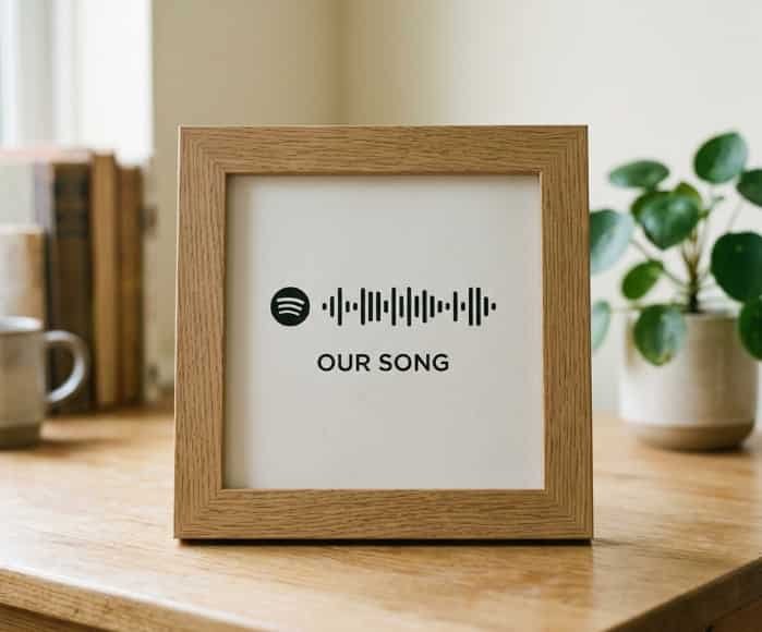 Framed custom Spotify sound‑wave art print sitting on a wooden desk