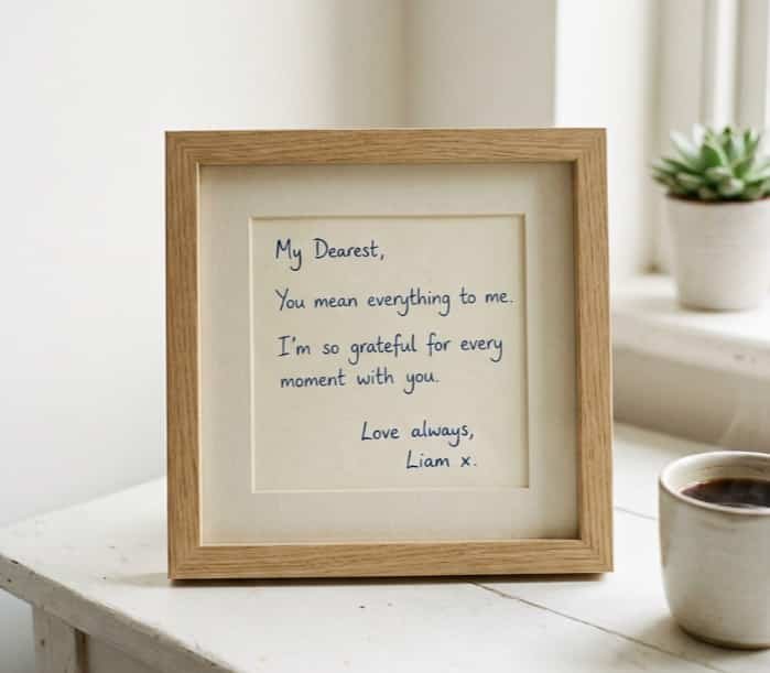 Framed handwritten love letter on white table with coffee cup and succulent