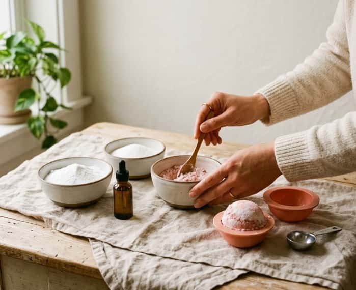 Hands mixing dry ingredients and essential oils for homemade bath bombs on a tabletop