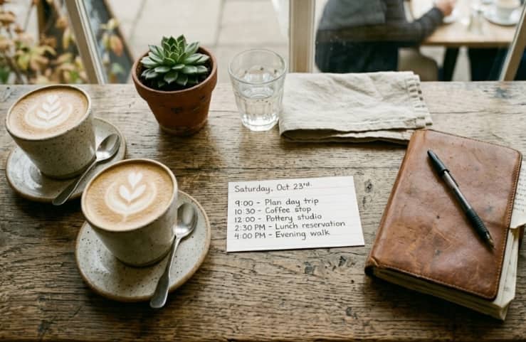 Wooden cafe table with two lattes and handwritten Saturday day plan