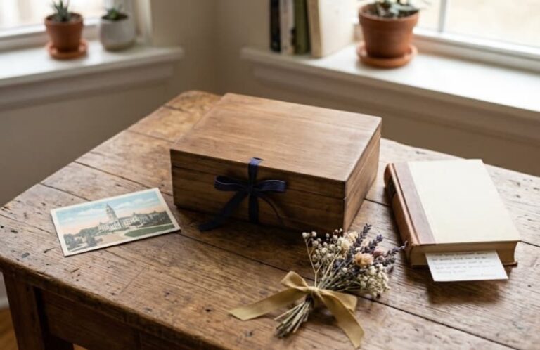 Wooden gift box with dried flowers, vintage postcard and handwritten note on rustic table