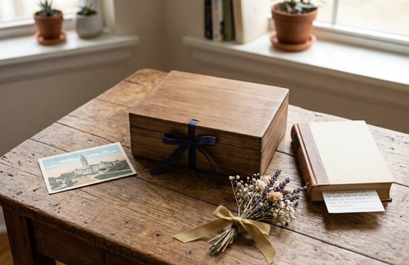 Wooden gift box with dried flowers, vintage postcard and handwritten note on rustic table