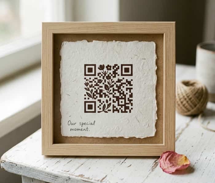 Framed custom QR code art print resting on a clean white desk